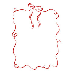 Girly Ribbon Bow frame of hand drawn line art style. Coquette cute birthday border for Valentine day cards, menu and Wedding invitations templates. Doodle retro vector illustration