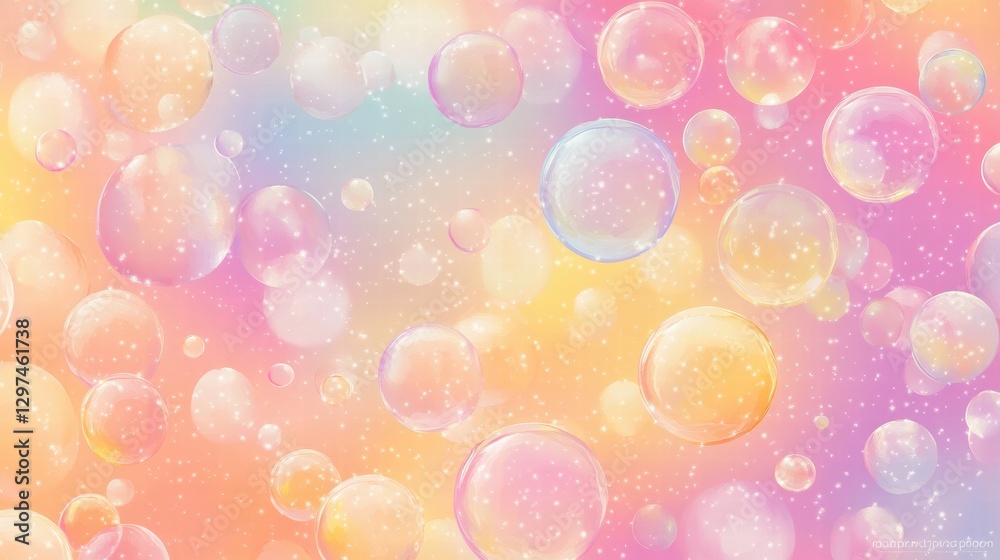 Poster Colorful soap bubbles create a vibrant and whimsical pattern against a soft pastel background. Generative AI