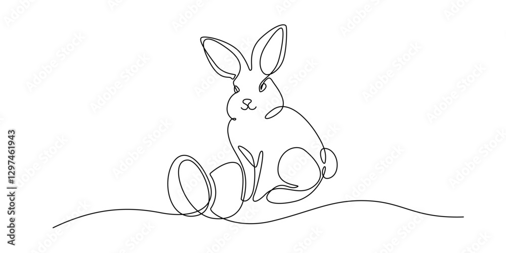 Leinwandbilder one continuous line drawing of easter eggs and rabbit. greeting banner design with bunny and ears in