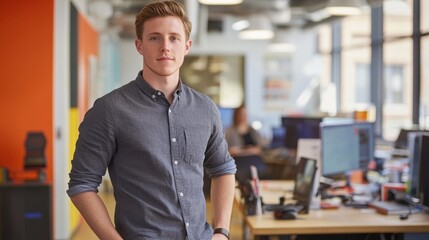 Fototapeta premium A young Caucasian man stands confidently in an office, showcasing a professional yet casual look. The modern workspace is filled with technology, symbolizing a dynamic work environment.