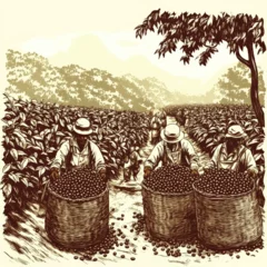 Acrylglasbilder Braun Vintage Vector Illustration of Coffee Farm Workers Harvesting Beans in Plantation Field with Baskets, Trees, and Mountainous Landscape Background  © Ross