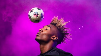 Naklejka premium Dynamic soccer player in motion, embodying energy and focus under vibrant neon lights. 