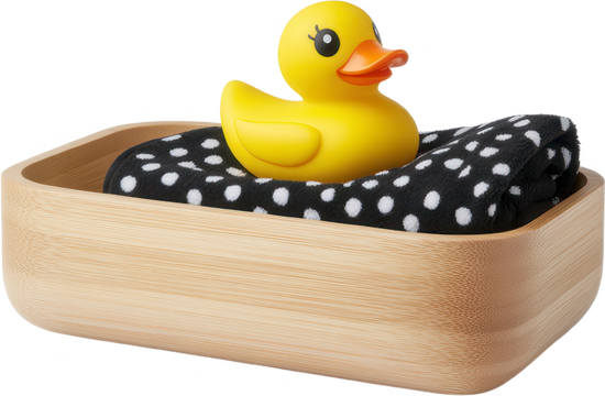 Brighten your day with this adorable image of a yellow rubber duck, playfully perched in a charming wooden box, nestled upon a soft, polka-dotted towel This delightful scene evokes feelings of bath