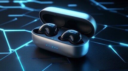 Cutting-Edge Audio: A sleek pair of true wireless earphones resting in their charging case, embodying modern technology and high-fidelity sound.