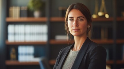 A poised European female lawyer stands confidently in her office, exuding professionalism and authority, surrounded by law books and elegant decor.