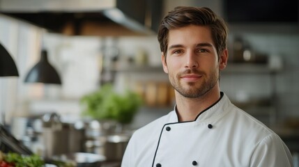 A confident young chef stands proudly in a modern kitchen, showcasing his skills and passion for culinary arts. His professional demeanor reflects a dedication to quality and creativity in cooking.