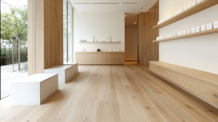 Fototapeta premium Minimalist store interior, light wood floors, calm atmosphere, zen garden view
