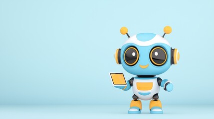 Fototapeta premium Playful robot holding tablet studio setting 3d animation whimsical environment