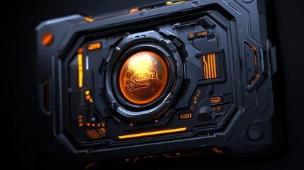 Futuristic control panel with glowing orb and intricate circuitry on a dark background