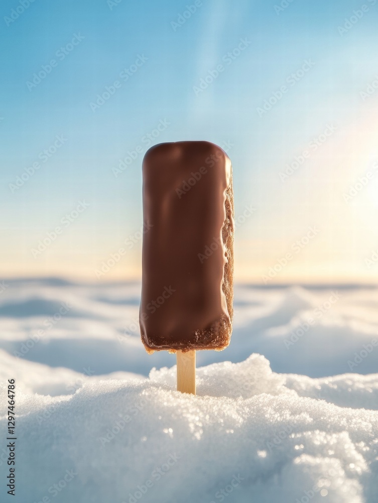 Poster chocolate ice cream bar resting on snow under bright sky at sunset near mountains. generative ai