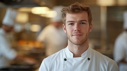 A portrait of a young Caucasian male chef in a crisp white uniform, smiling confidently in a modern kitchen, showcasing his culinary expertise and passion for food.