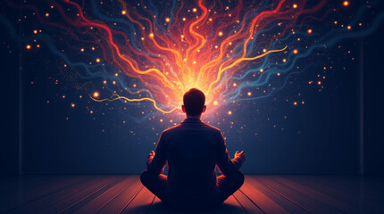 Fototapeta premium Lost in Thought – Person in a Dark Room Surrounded by Swirling, Chaotic, Colorful Patterns