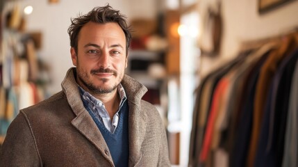 Obraz premium A charming portrait of a European man standing confidently indoors, showcasing stylish attire in a warm and inviting atmosphere. Perfect for lifestyle and fashion themes.