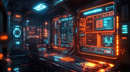 Obraz premium Cyberpunk Control Room: Neon Lights and Futuristic Interfaces