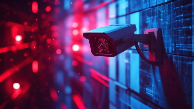 Security Under Surveillance: A black and white security camera mounted on a wall, bathed in a red and blue light, evokes feelings of safety and protection.