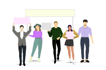 Fototapeta premium Social protest, demonstration, revolution. People crowd holding blank banners. Marching persons. Vector illustration Not AI generated