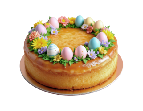 Festive Easter Cheesecake Adorned with Colorful Eggs, Flowers, and a Wreath of Vibrant Floral Accents, Isolated on Transparent and White Background