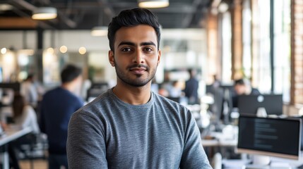 Obraz premium A portrait of a young South Asian male software developer in a modern office setting. He stands confidently with a casual look, embodying creativity and professionalism in technology.