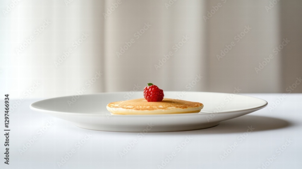 Poster Delicate pancake served on a white plate with a raspberry on top in a minimalistic setting. Generative AI