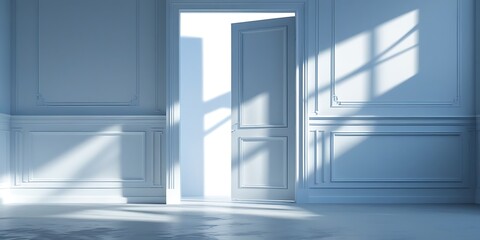 Obraz premium minimalist white room with an open door allowing bright sunlight to stream in, casting long shadows on the floor, creating a serene, inviting, and mysterious atmosphere