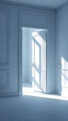 minimalist white room with an open door allowing bright sunlight to stream in, casting long shadows on the floor, creating a serene, inviting, and mysterious atmosphere

