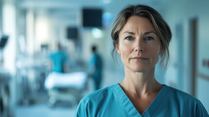 Fototapeta premium A dedicated middle-aged female nurse stands confidently in a hospital setting, showcasing her professionalism and commitment to patient care in a medical environment.