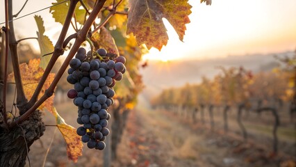 Fototapeta premium Autumn Sunset over Vineyard with Ripe Red Grapes Hanging from Vine