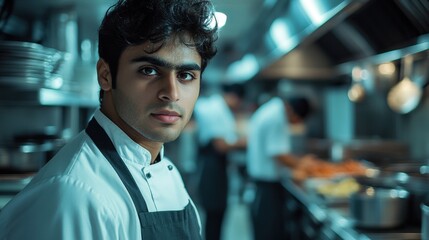 Fototapeta premium This portrait features a young South Asian chef wearing a uniform in a bustling kitchen. His focused expression reflects passion for culinary arts and professionalism.