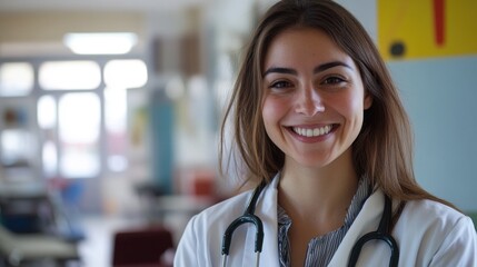 Fototapeta premium A smiling female doctor in a white coat and stethoscope stands in a hospital setting, exuding warmth and professionalism while providing patient care.