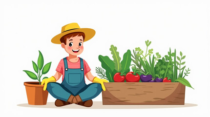 Cheerful Cartoon Gardener with Vegetables – Urban Agriculture and Sustainable Living