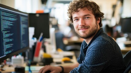 A portrait of a young European male software engineer smiling at his desk while working on a computer. The modern office environment reflects creativity and professionalism.
