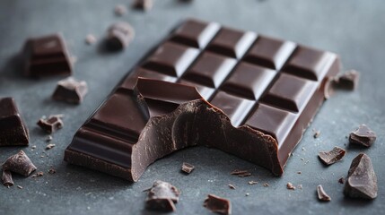 Dark Chocolate Delight: A close-up, enticing shot of a partially eaten bar of rich, dark chocolate on a textured surface, capturing the indulgent pleasure and inviting the viewer to savor the moment.