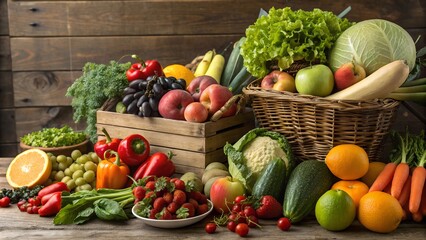 A Bountiful Harvest of Fresh Fruits and Vegetables Displayed in Wooden Crates and Baskets