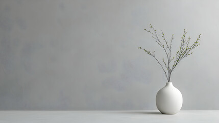 Minimalist spring branch in vase, grey wall