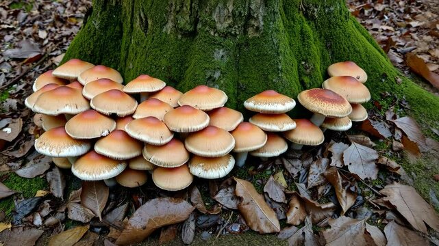 Cluster of Brown Mushrooms Growing at Base of Moss Covered Tree Trunk Surrounded by Fallen Leaves in a Deciduous Woodland Area