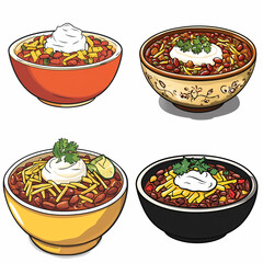 Colorful bowls of chili topped with sour cream and garnished with herbs