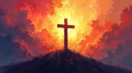 Obraz premium Abstract Religious Art: Cross Silhouette and Fiery Sky in Expressionist Style