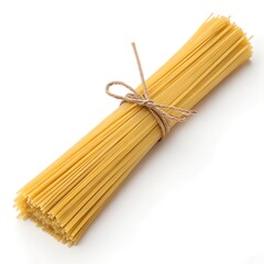 A Bundle of Dried Spaghetti Tied with Twine on White Background