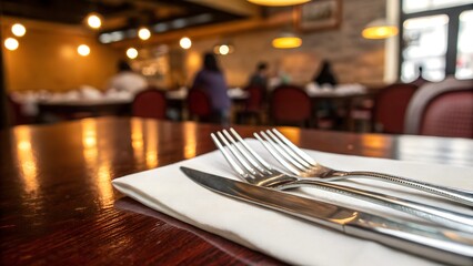 Restaurant Table Setting with Cutlery and Blurred Background of Diners
