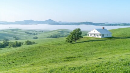 White house on misty green hill, scenic valley view