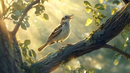 Obraz premium Bird Singing on a Tree Branch
