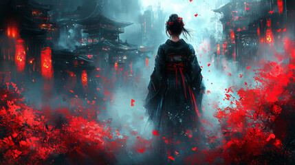 Fototapeta premium Serene figure in dark kimono surrounded by vibrant red flowers in a misty, enchanting landscape