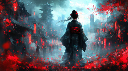 Woman in traditional clothing stands in a vibrant street filled with red petals and lanterns during a festival at dusk