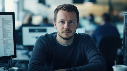 A focused European male software developer is captured in an office setting, showcasing concentration and professionalism in a modern work environment filled with technology.