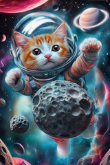 Illustration of a cute orange cat wearing a pink futuristic astronaut suit.