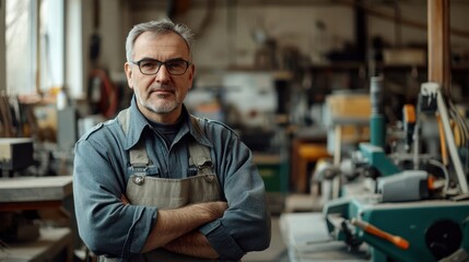 Fototapeta premium A middle-aged European male technician stands confidently in a well-equipped workshop, showcasing his expertise and experience in craftsmanship and repair work.