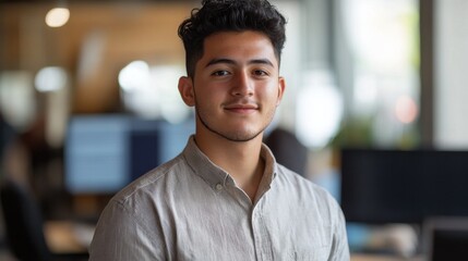 Obraz premium A young Hispanic man in his twenties poses confidently in a modern office environment. His friendly demeanor and relaxed style reflect a professional yet approachable vibe.