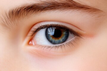 Obraz premium Macro close up of young eye with blue iris and thick eyelashes detailed skin texture intricate depth of gaze and natural beauty extreme sharp focus