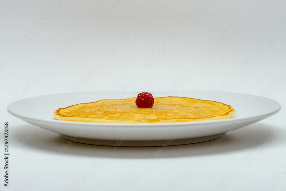 Poster delicious thin pancake served on a white plate with a single raspberry on top, perfect for breakfast