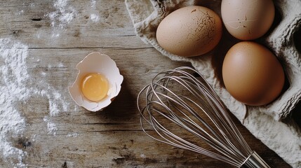 Baking Ingredients: A rustic, top-down shot of baking ingredients, including eggs, flour, and a whisk, evoking the warmth of a home kitchen and culinary creativity.